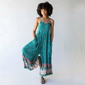 Natural Life Zoe Wide-Leg Jumpsuit Turquoise Cream Border